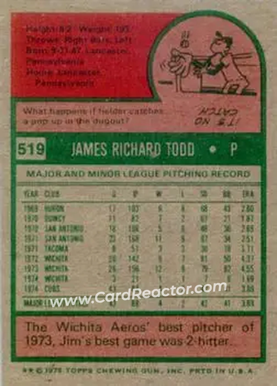 1975 Topps #519 - Jim Todd - Chicago Cubs - Back