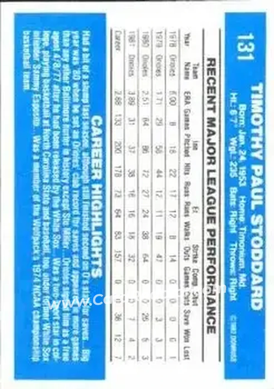 1982 Donruss #131 - Tim Stoddard - Baltimore Orioles - Back