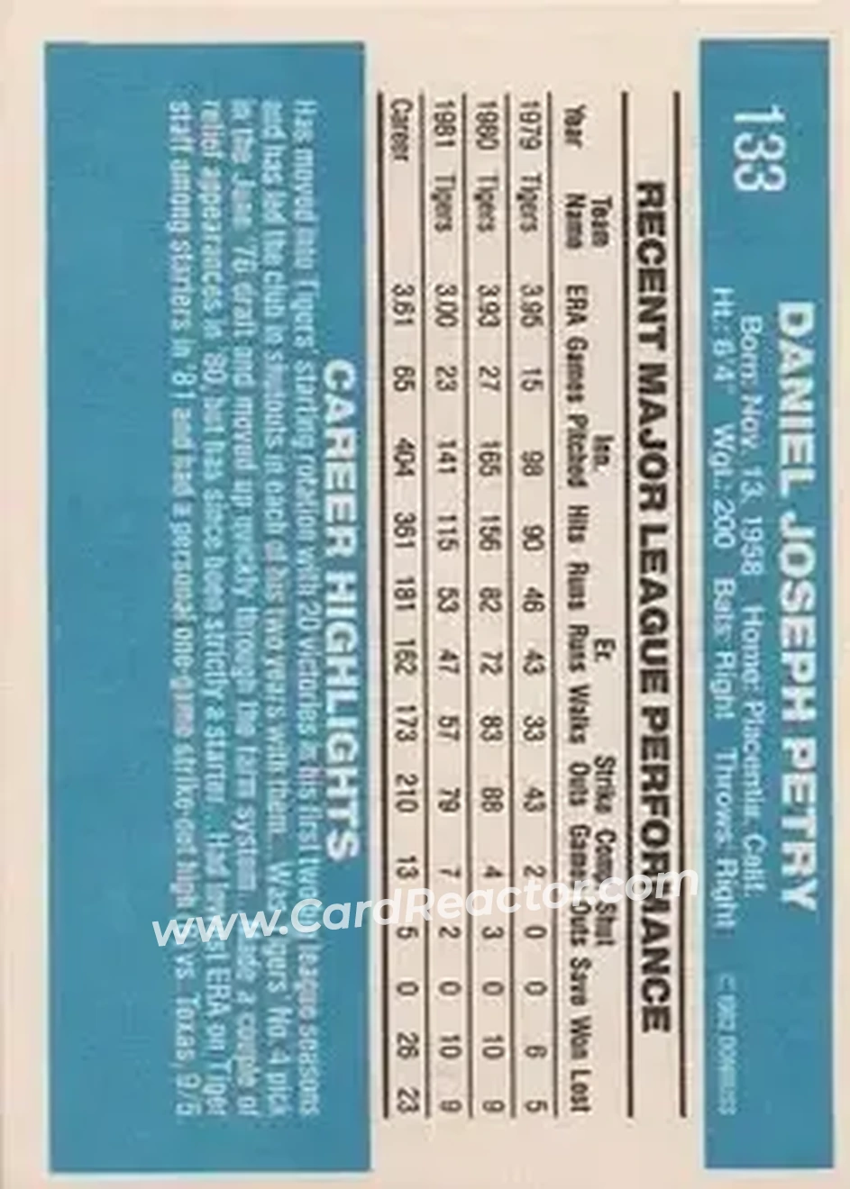 1982 Donruss #133 - Dan Petry - Detroit Tigers - Back