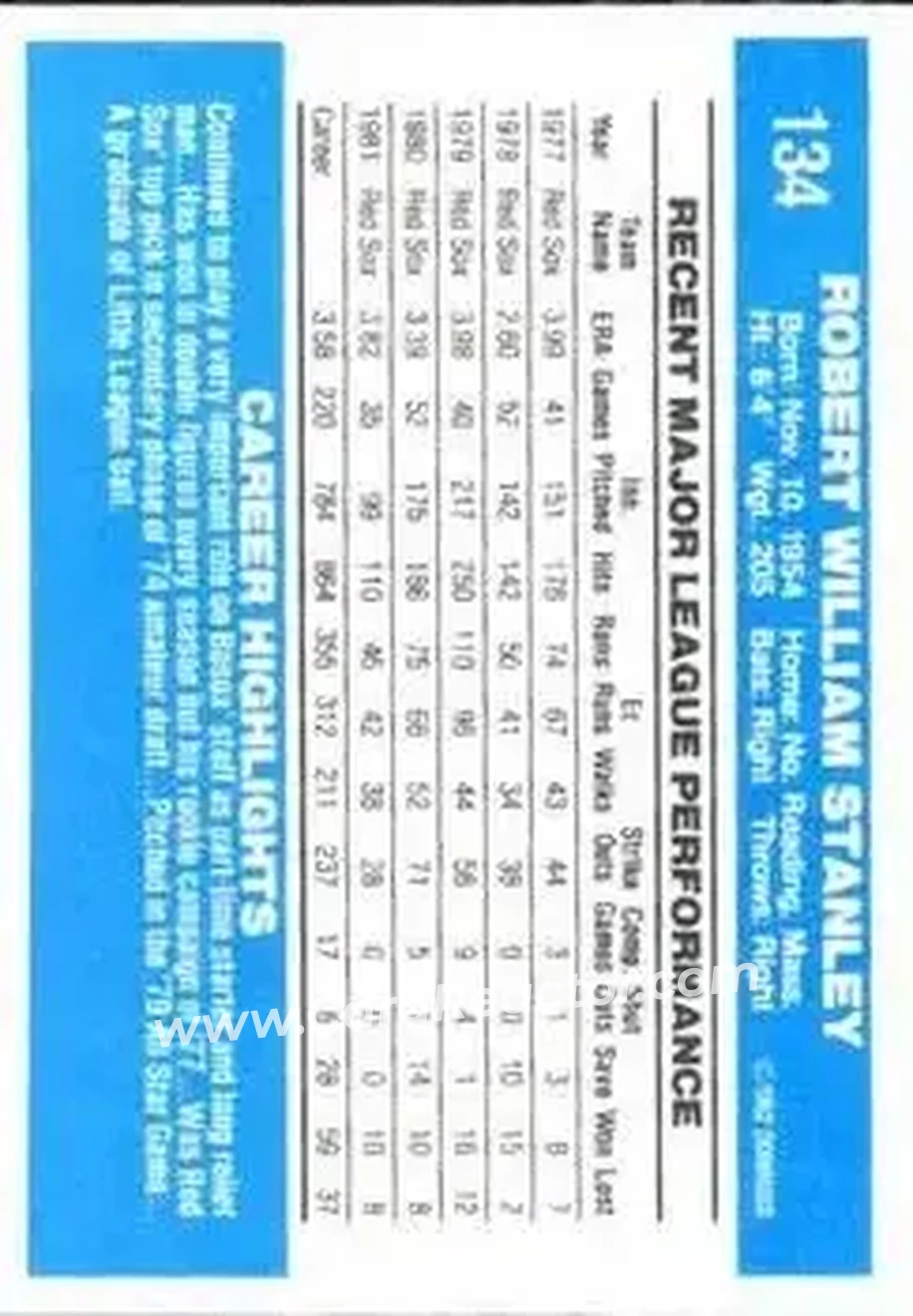 1982 Donruss #134 - Bob Stanley - Boston Red Sox - Back