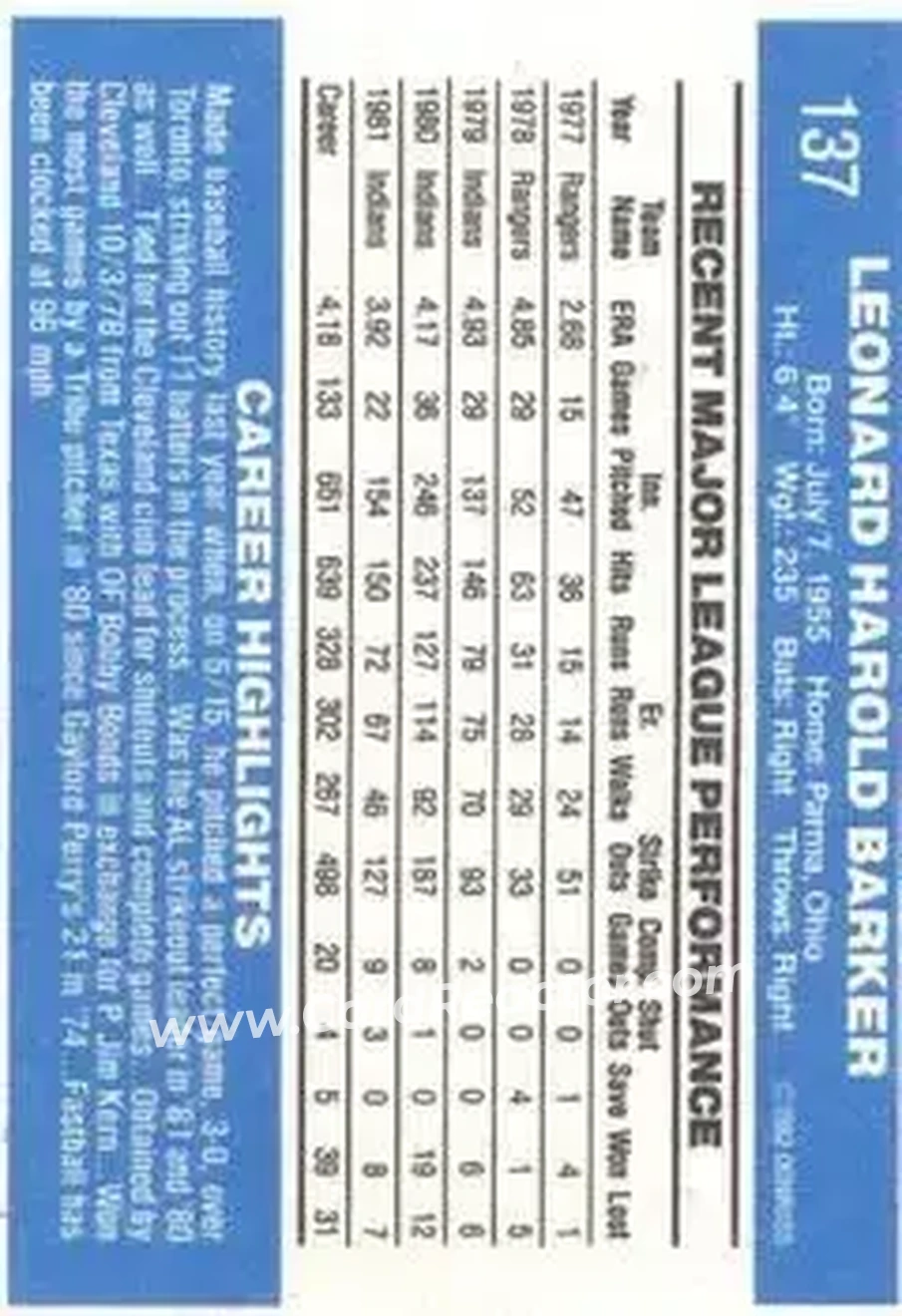 1982 Donruss #137 - Len Barker - Cleveland Indians - Back