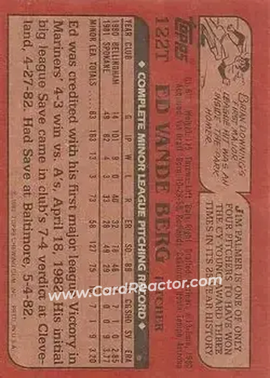 1982 Topps Traded #122T - Ed Vande Berg - Seattle Mariners - Back 1982 Topps Traded #122T - Ed Vande Berg - Seattle Mariners - Back