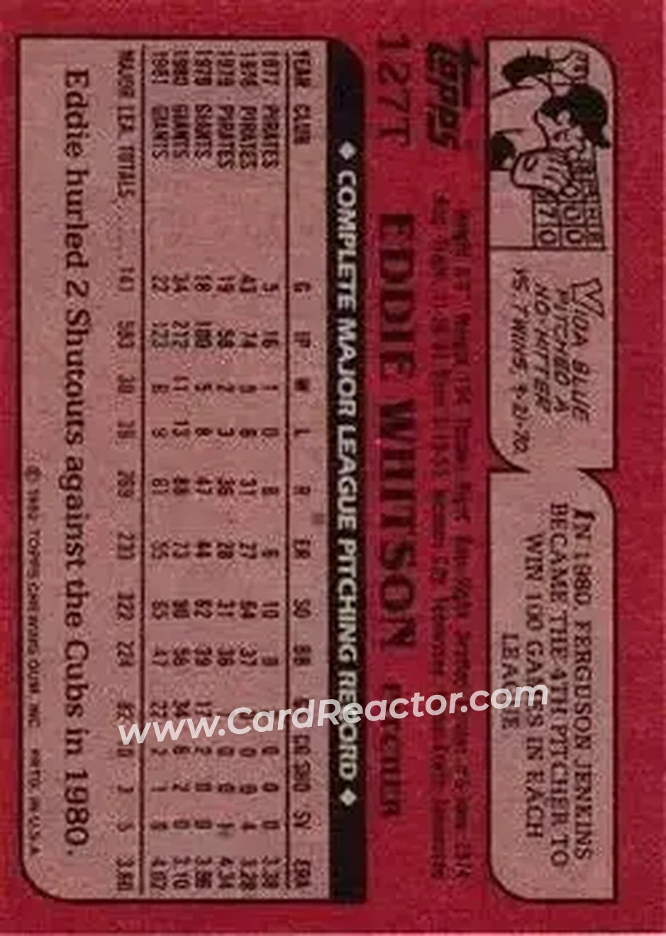 1982 Topps Traded #127T - Eddie Whitson - Cleveland Indians - Back