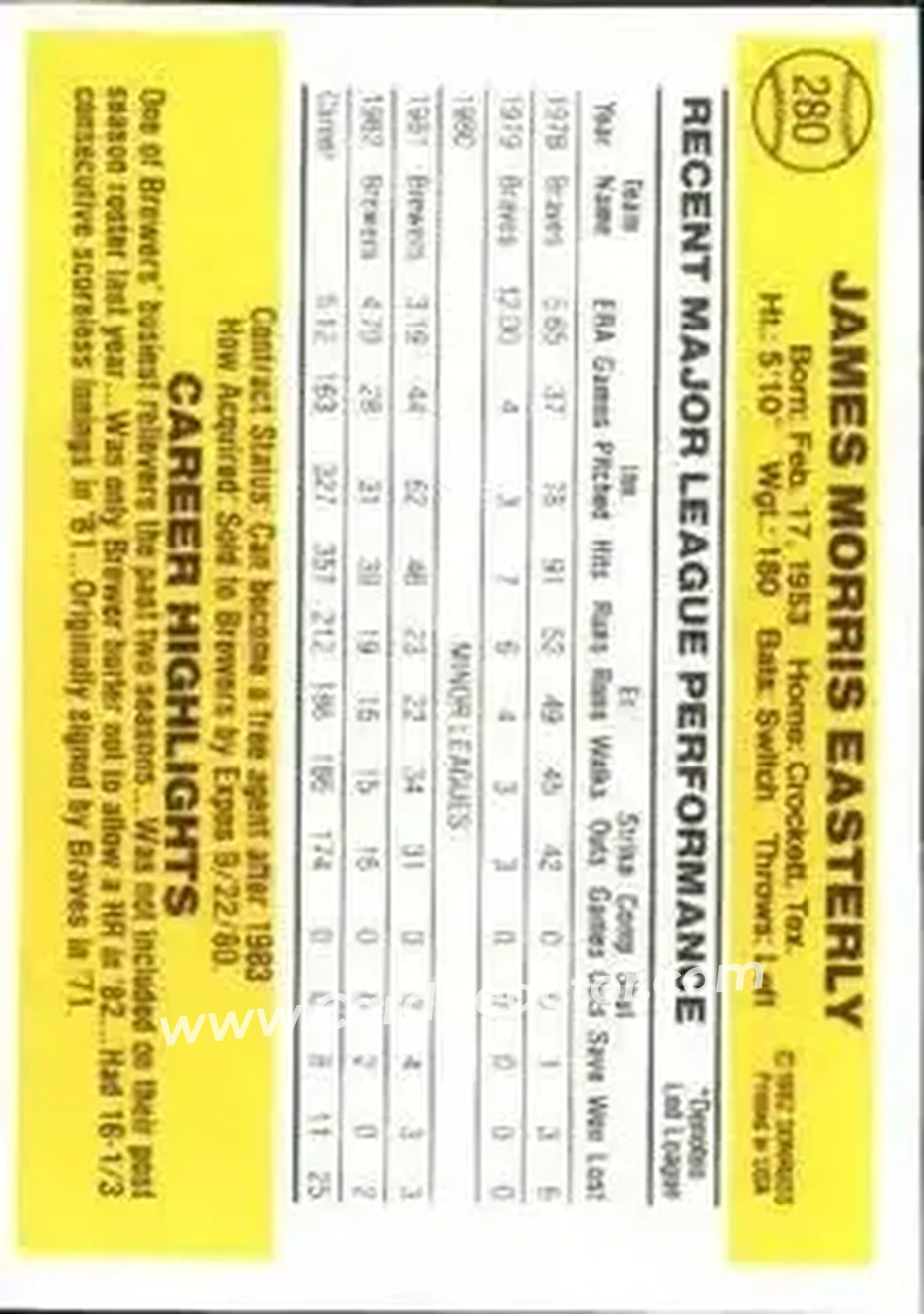 1983 Donruss #280 - Jamie Easterly - Milwaukee Brewers - Back