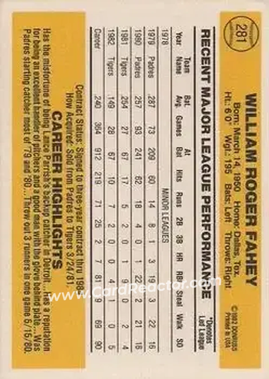 1983 Donruss #281 - Bill Fahey - Detroit Tigers - Back 1983 Donruss #281 - Bill Fahey - Detroit Tigers - Back