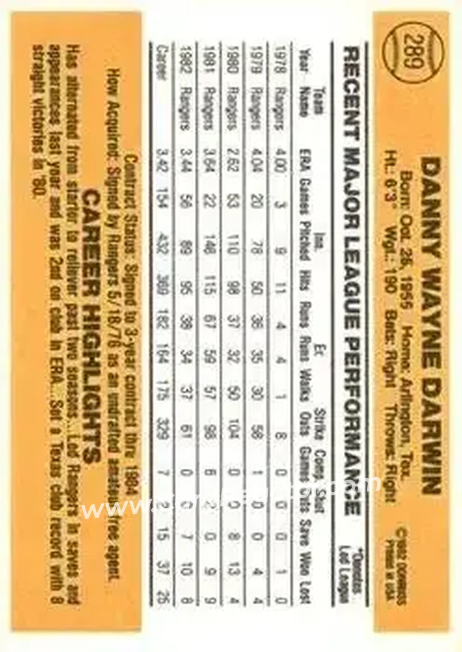 1983 Donruss #289 - Danny Darwin - Texas Rangers - Back 1983 Donruss #289 - Danny Darwin - Texas Rangers - Back