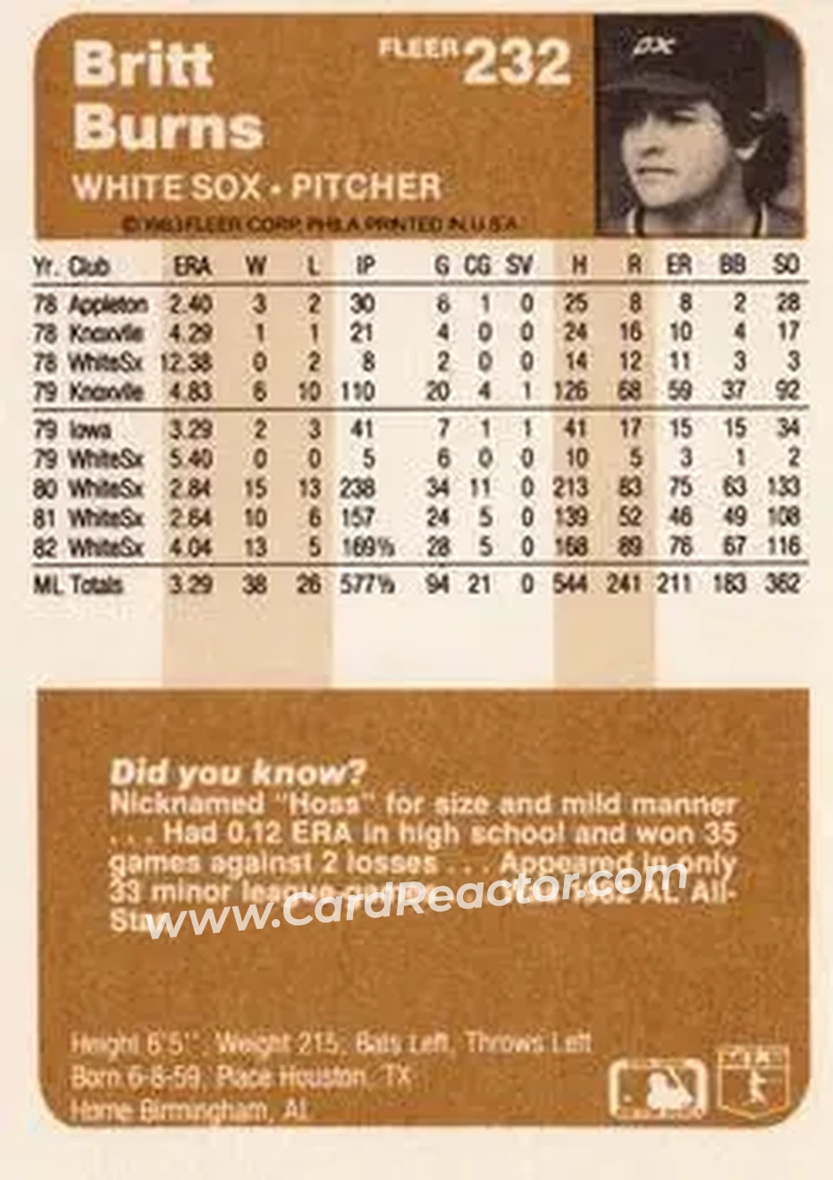 1983 Fleer #232 - Britt Burns - Chicago White Sox - Back 1983 Fleer #232 - Britt Burns - Chicago White Sox - Back