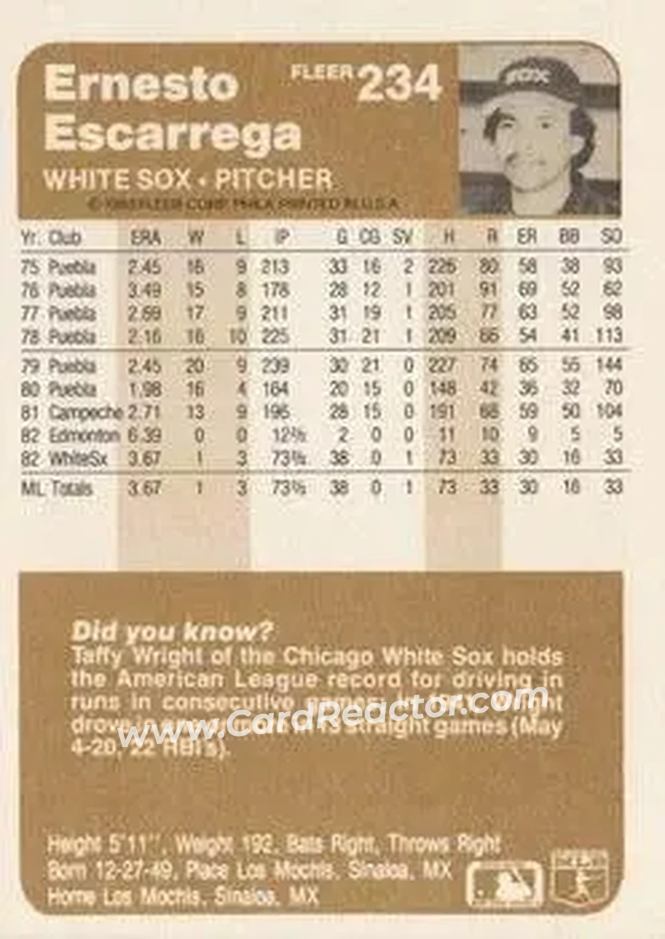 1983 Fleer #234 - Ernesto Escarrega - Chicago White Sox - Back 1983 Fleer #234 - Ernesto Escarrega - Chicago White Sox - Back