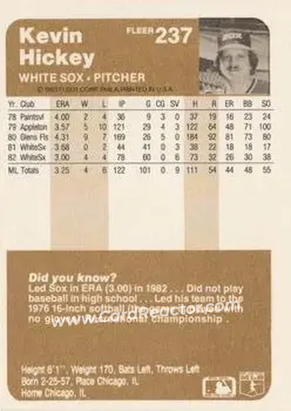 1983 Fleer #237 - Kevin Hickey - Chicago White Sox - Back 1983 Fleer #237 - Kevin Hickey - Chicago White Sox - Back