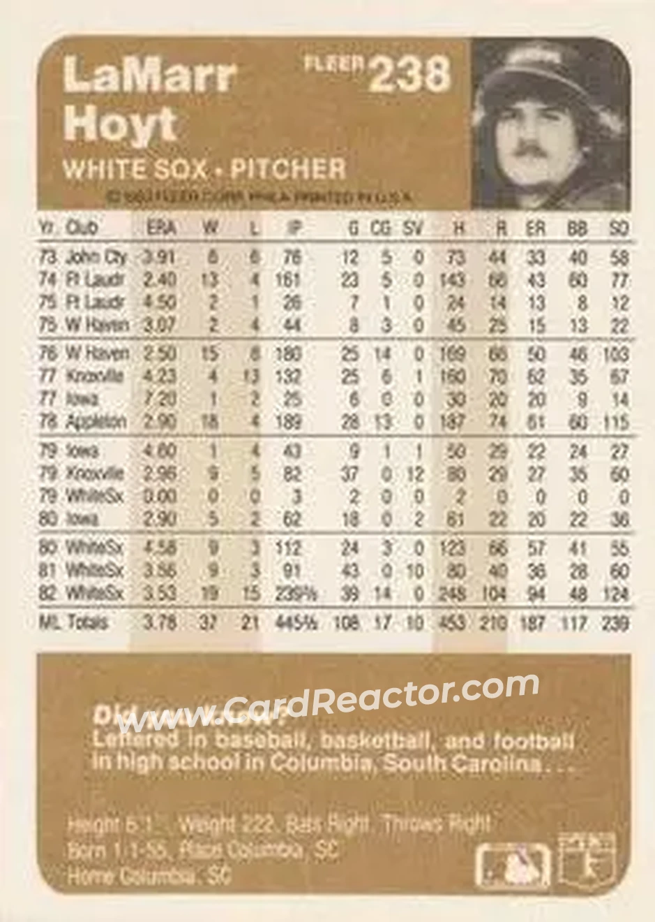 1983 Fleer #238 - LaMarr Hoyt - Chicago White Sox - Back 1983 Fleer #238 - LaMarr Hoyt - Chicago White Sox - Back
