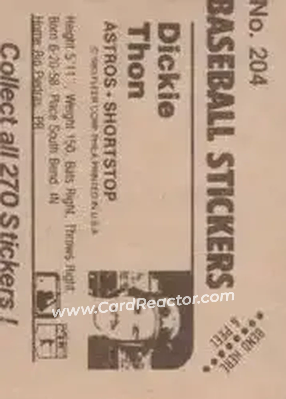 1983 Fleer Star Stickers #204 - Dickie Thon - Houston Astros - Back 1983 Fleer Star Stickers #204 - Dickie Thon - Houston Astros - Back