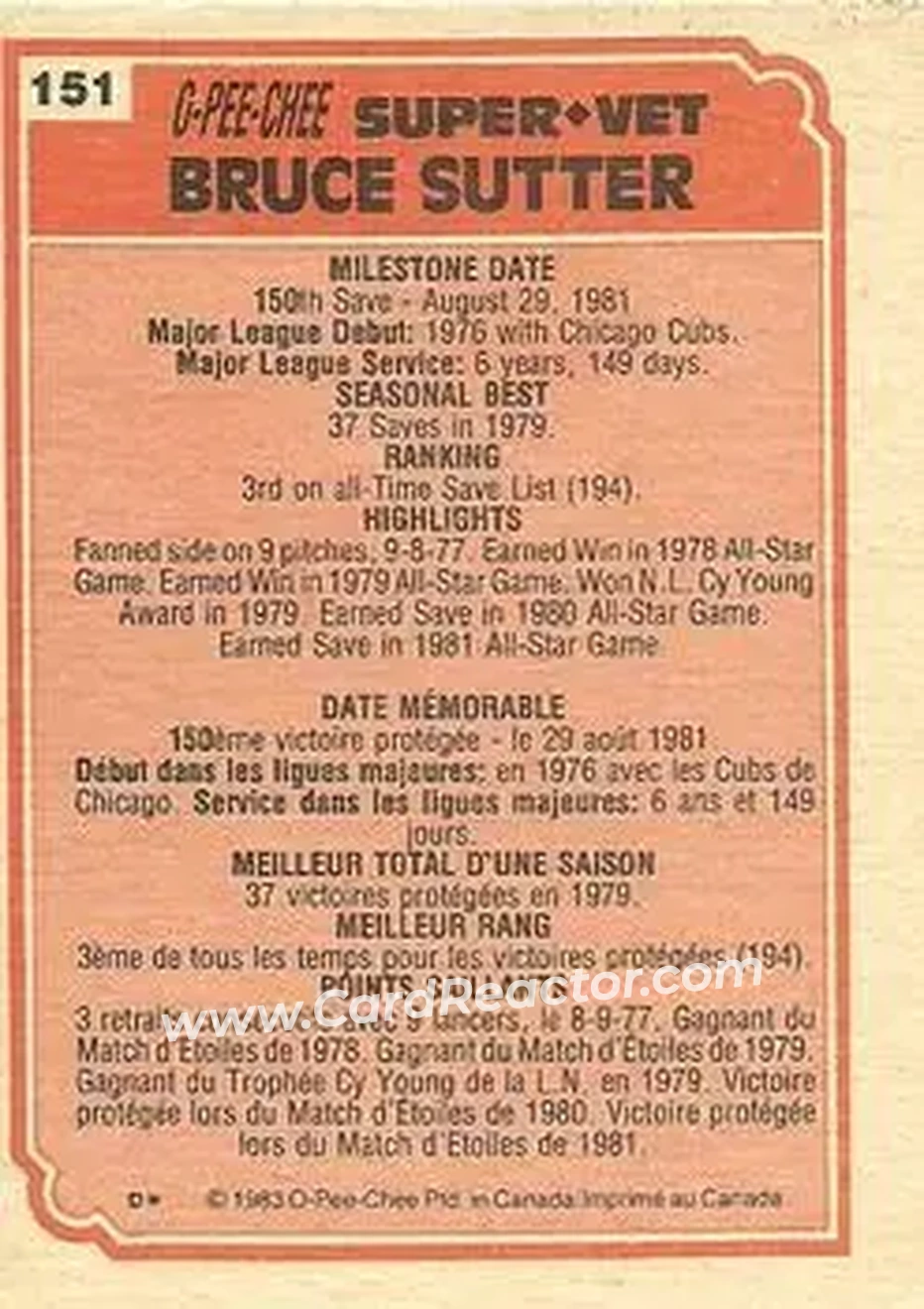 1983 O-Pee-Chee #151 - Bruce Sutter - Back