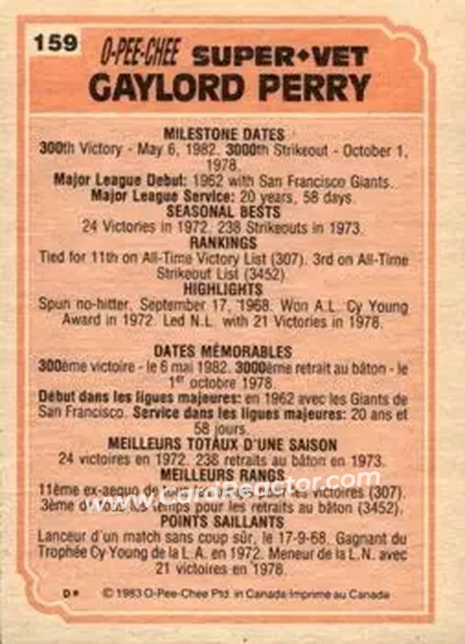 1983 O-Pee-Chee #159 - Gaylord Perry - Back 1983 O-Pee-Chee #159 - Gaylord Perry - Back