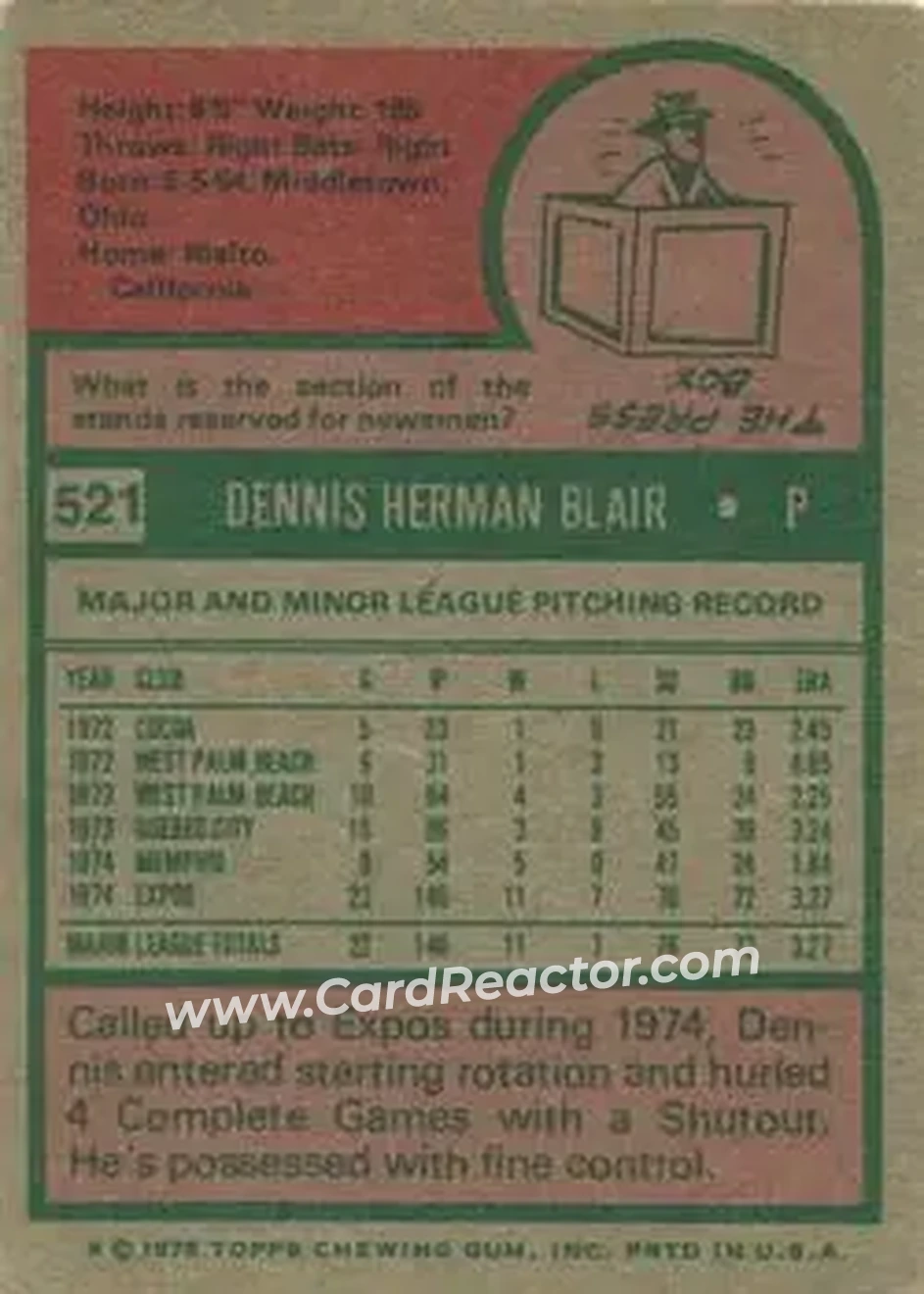 1975 Topps #521 - Dennis Blair - Montreal Expos - Back