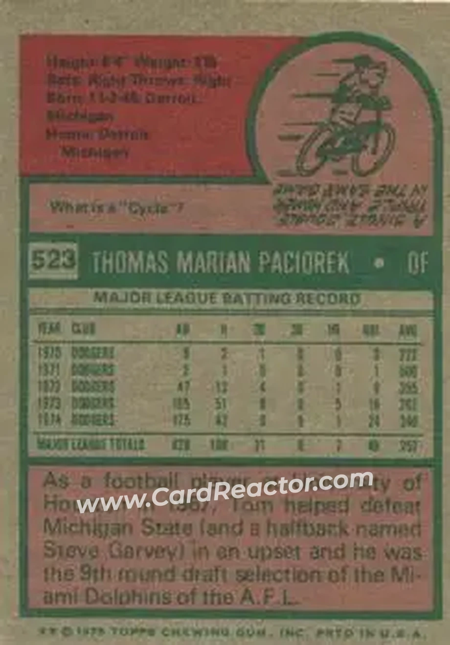1975 Topps #523 - Tom Paciorek - Los Angeles Dodgers - Back 1975 Topps #523 - Tom Paciorek - Los Angeles Dodgers - Back