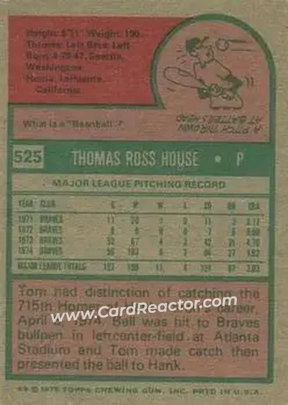 1975 Topps #525 - Tom House - Atlanta Braves - Back