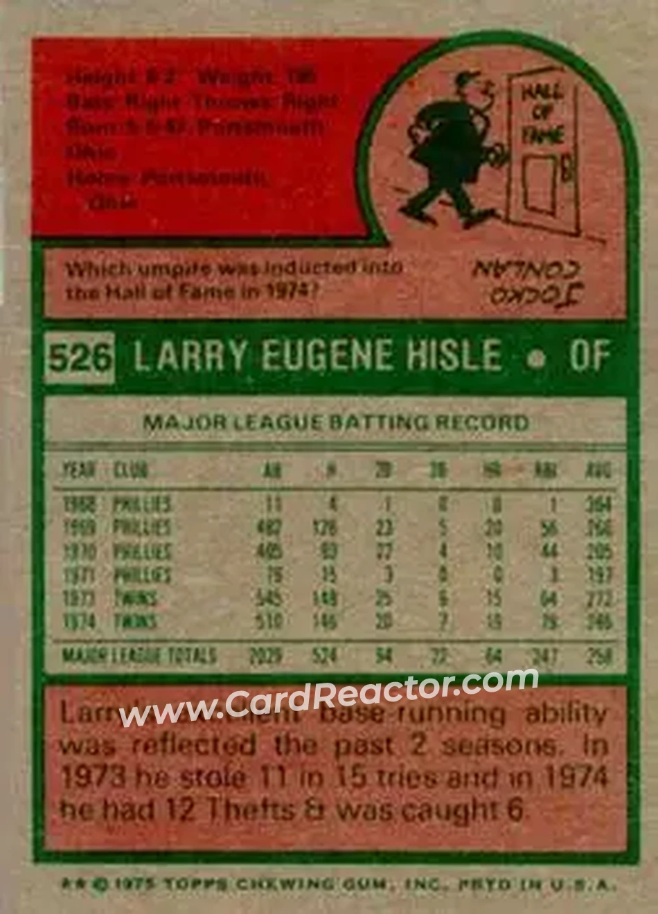 1975 Topps #526 - Larry Hisle - Minnesota Twins - Back