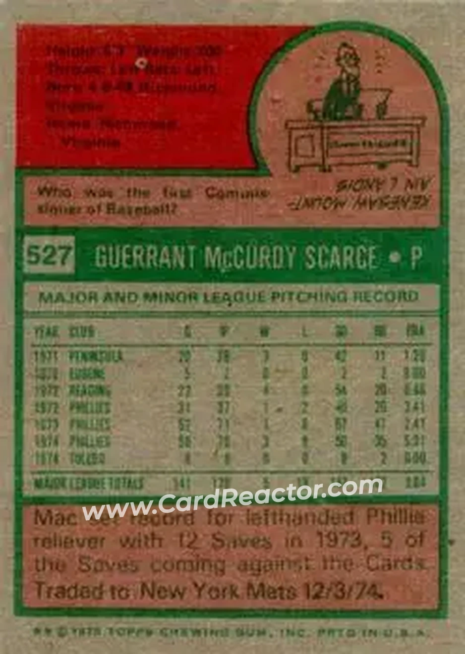 1975 Topps #527 - Mac Scarce - Philadelphia Phillies - Back 1975 Topps #527 - Mac Scarce - Philadelphia Phillies - Back