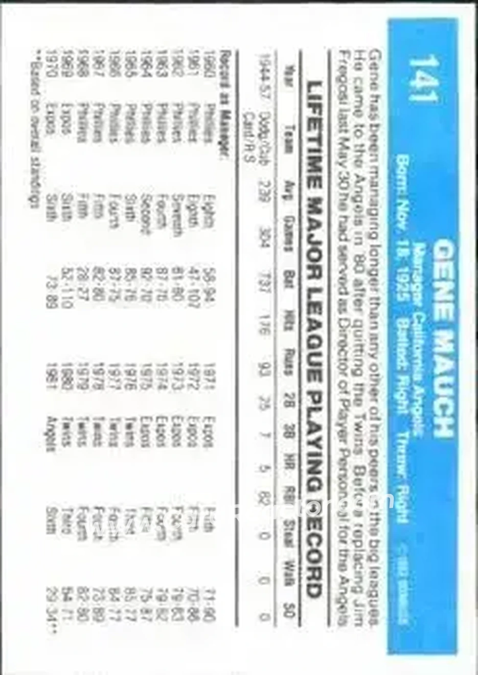 1982 Donruss #141 - Gene Mauch - California Angels - Back 1982 Donruss #141 - Gene Mauch - California Angels - Back