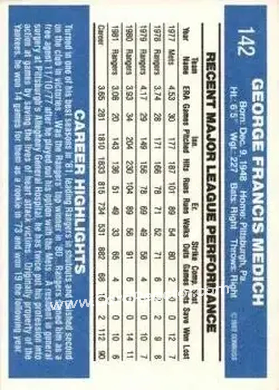 1982 Donruss #142 - George Medich - Texas Rangers - Back 1982 Donruss #142 - George Medich - Texas Rangers - Back