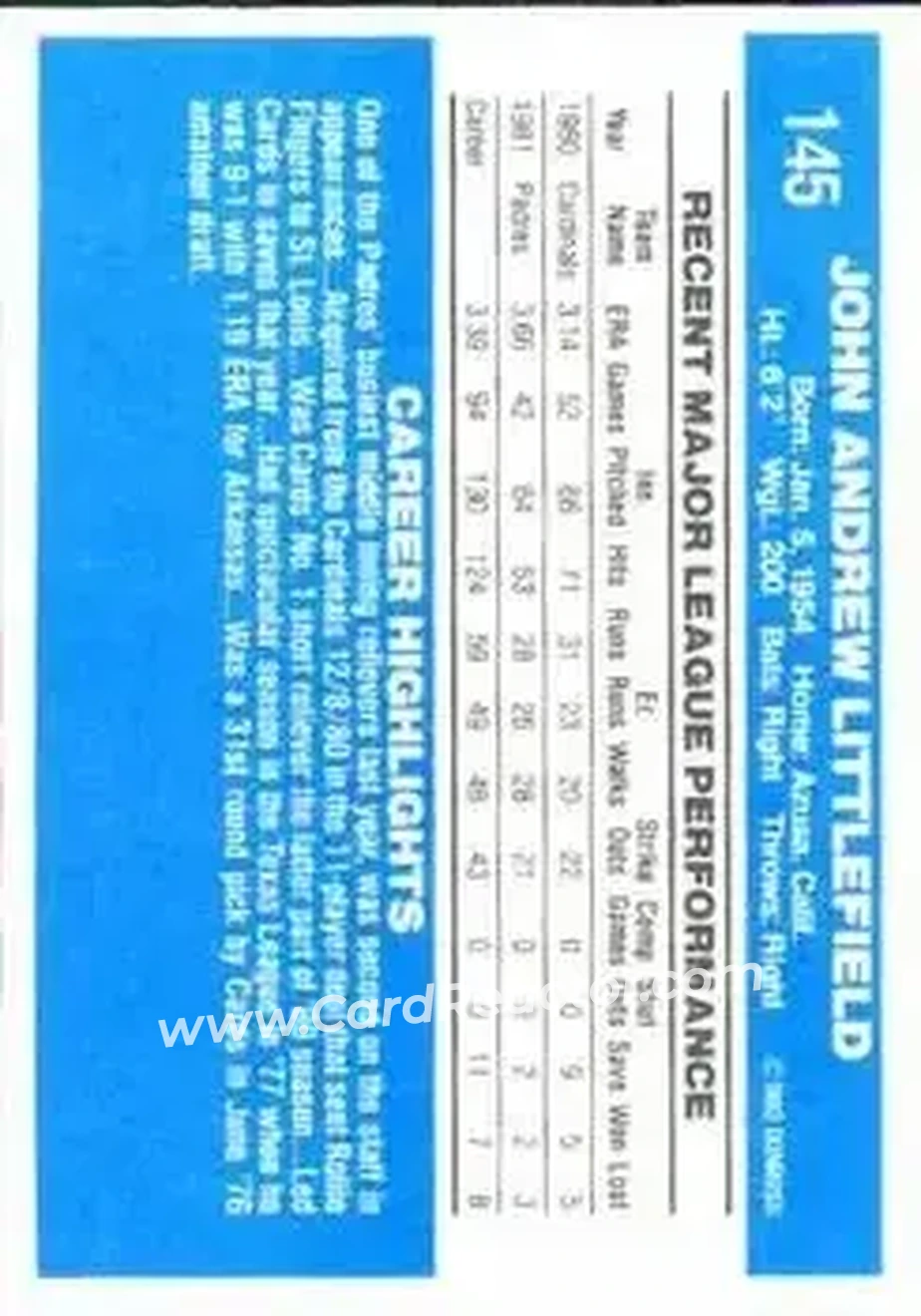1982 Donruss #145 - John Littlefield - San Diego Padres - Back 1982 Donruss #145 - John Littlefield - San Diego Padres - Back
