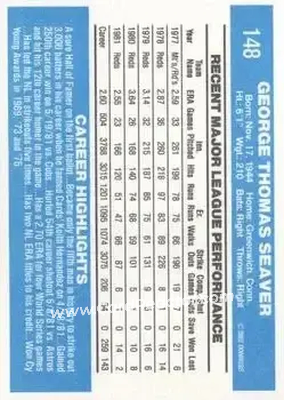 1982 Donruss #148 - Tom Seaver - Cincinnati Reds - Back