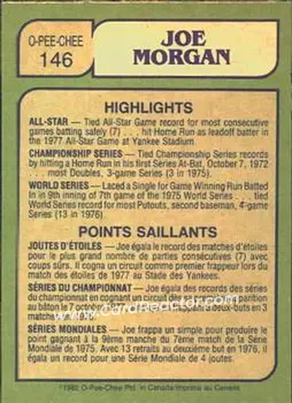1982 O-Pee-Chee #146 - Joe Morgan - San Francisco Giants - Back 1982 O-Pee-Chee #146 - Joe Morgan - San Francisco Giants - Back