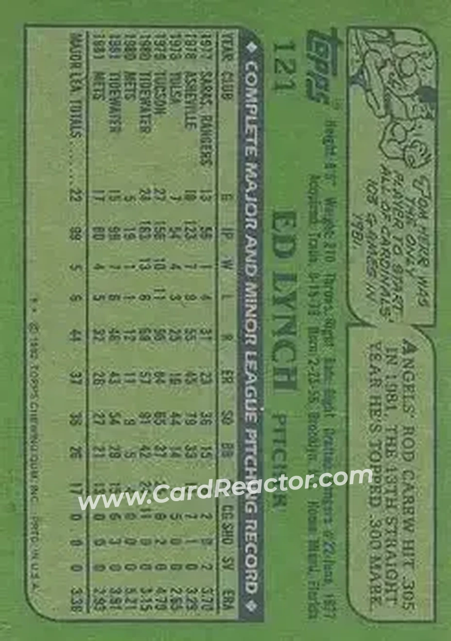 1982 Topps #121 - Ed Lynch - New York Mets - Back 1982 Topps #121 - Ed Lynch - New York Mets - Back