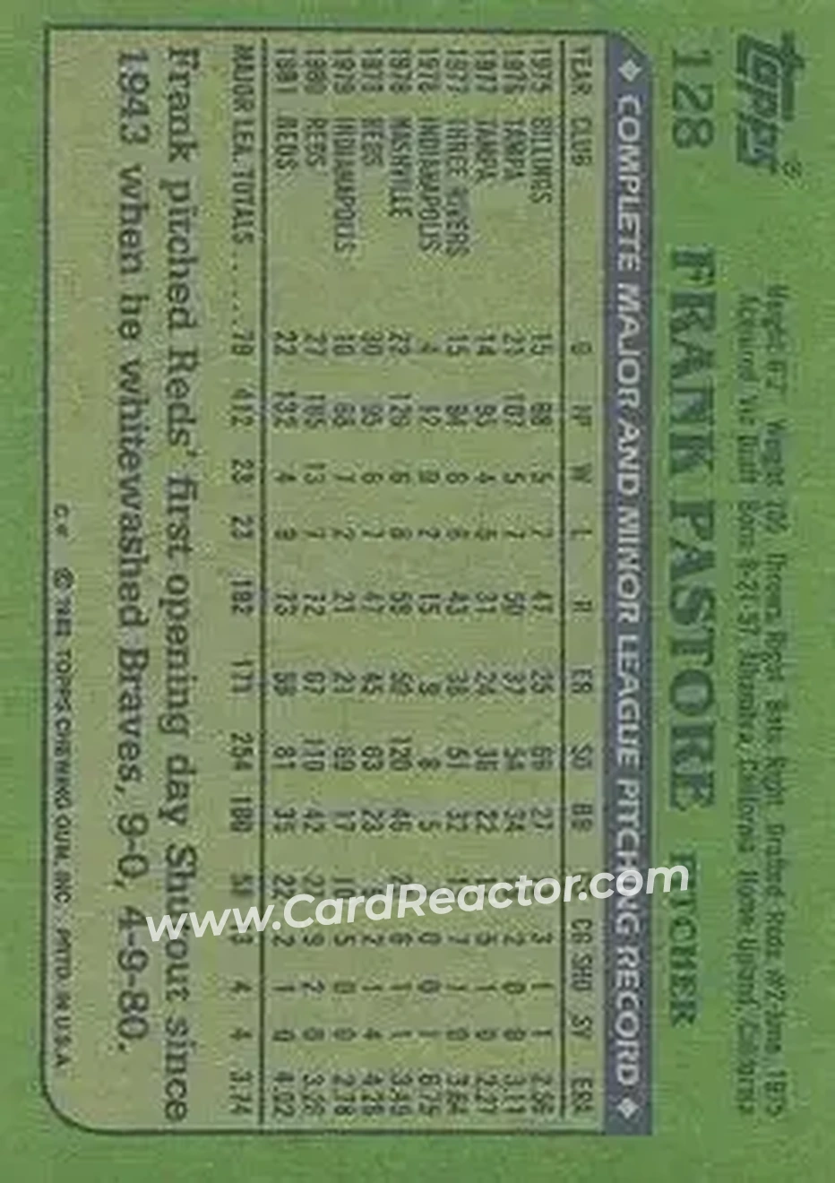 1982 Topps #128 - Frank Pastore - Cincinnati Reds - Back