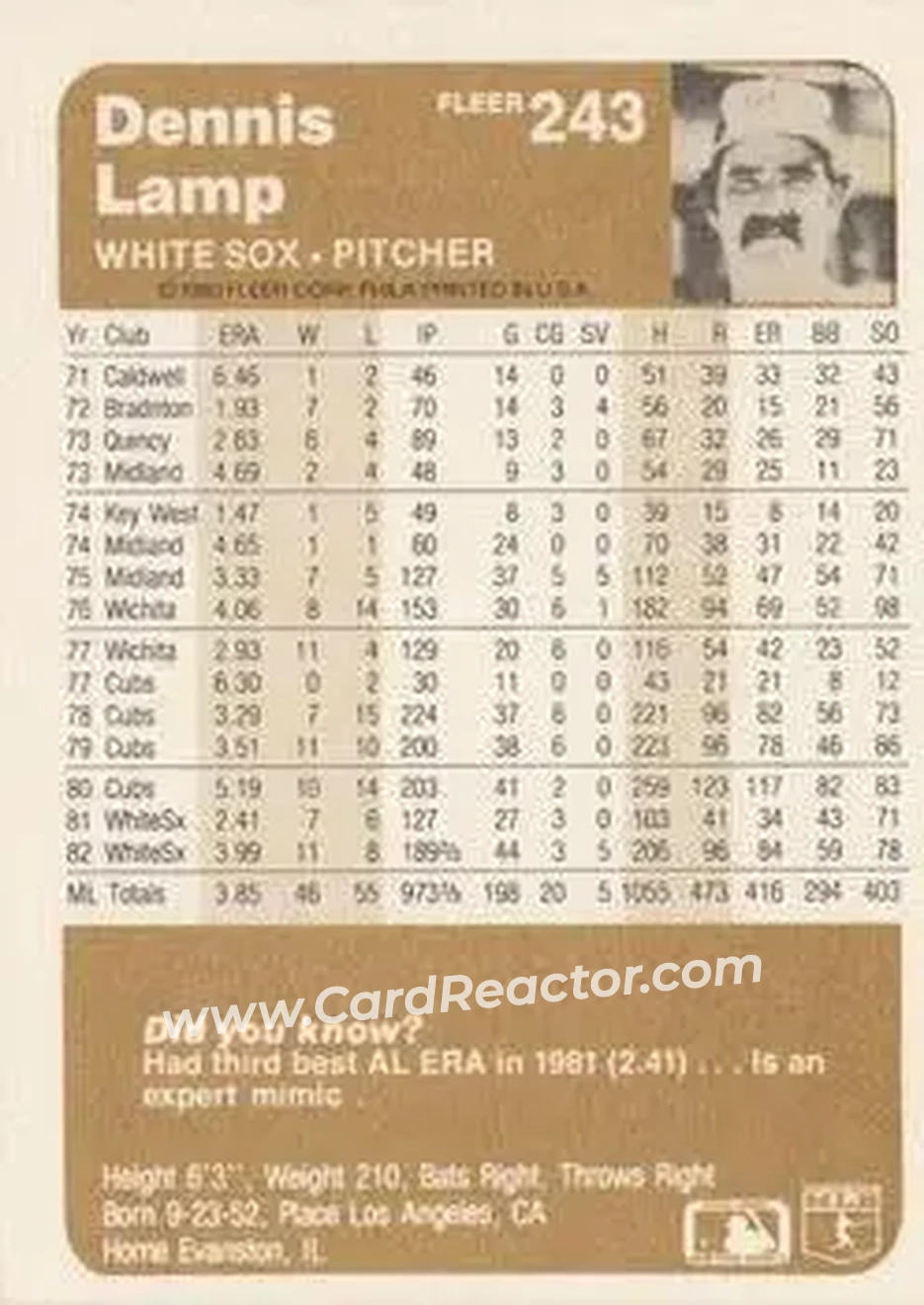 1983 Fleer #243 - Dennis Lamp - Chicago White Sox - Back