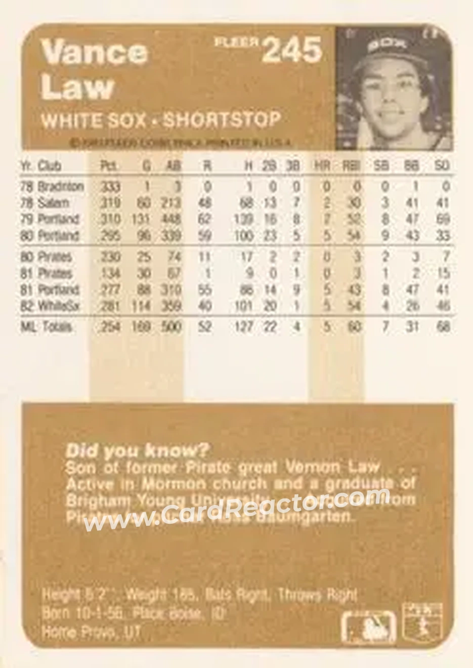 1983 Fleer #245 - Vance Law - Chicago White Sox - Back 1983 Fleer #245 - Vance Law - Chicago White Sox - Back