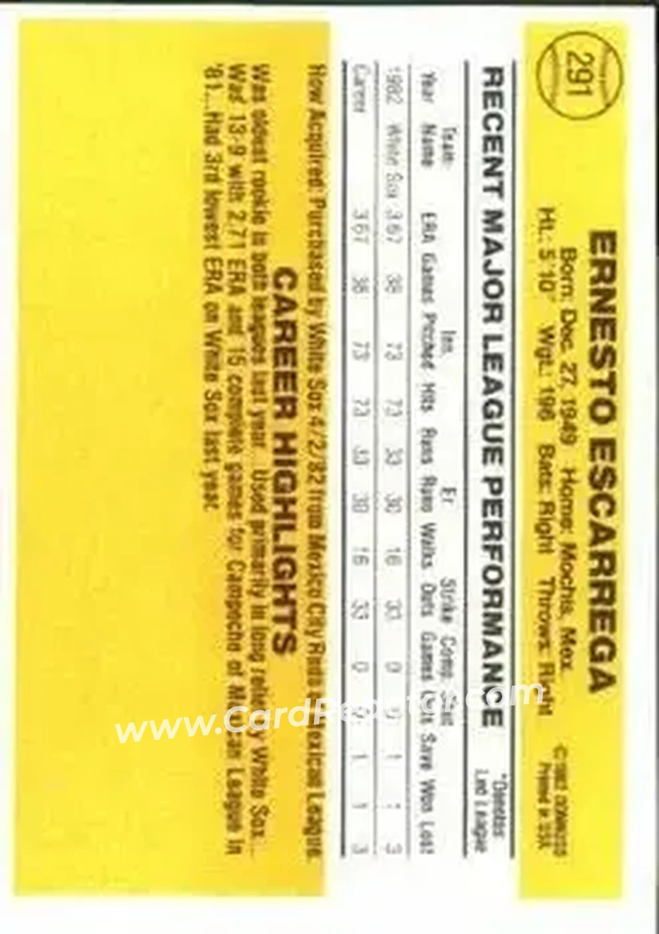 1983 Donruss #291 - Ernesto Escarrega - Chicago White Sox - Back