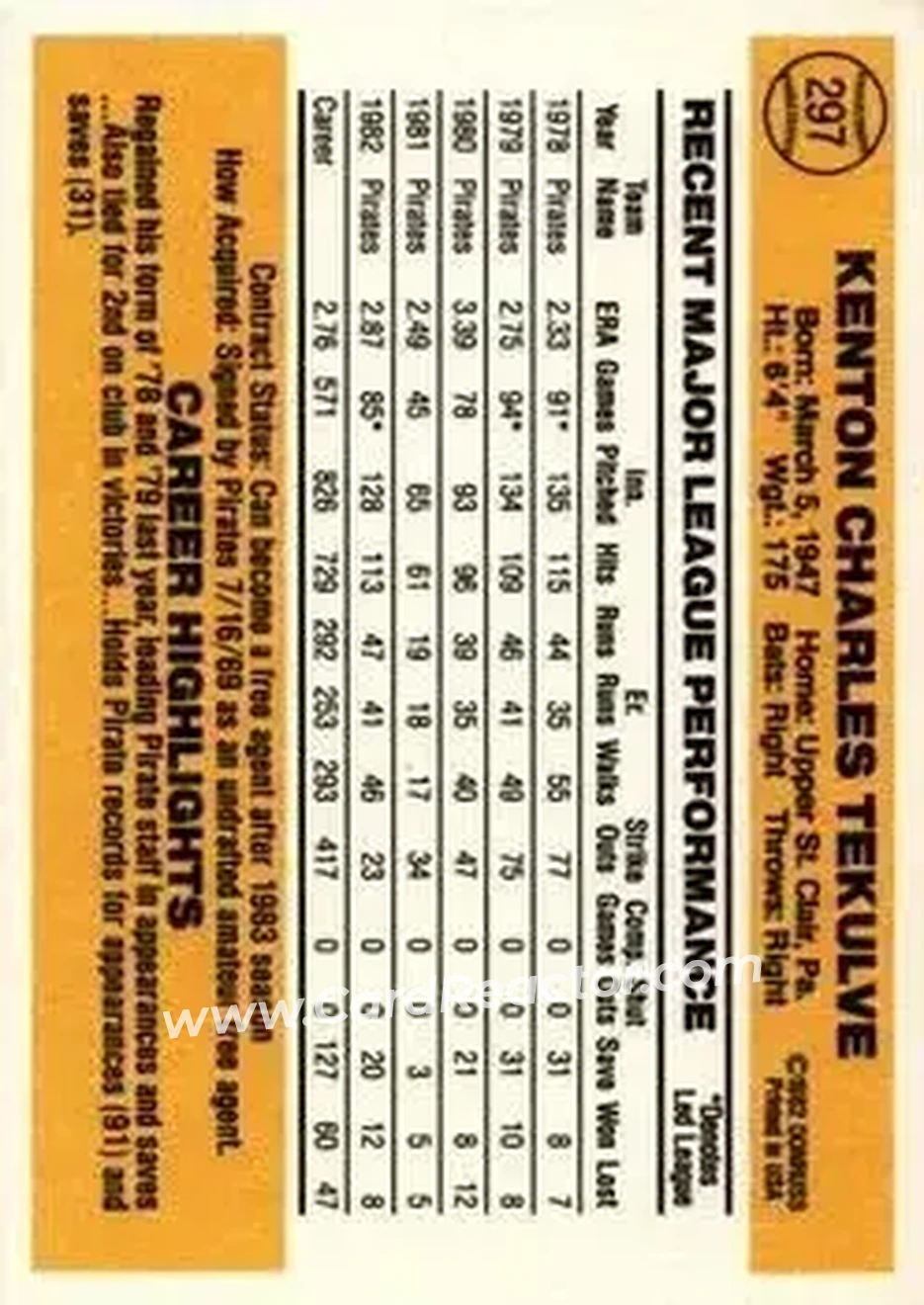 1983 Donruss #297 - Kent Tekulve - Pittsburgh Pirates - Back 1983 Donruss #297 - Kent Tekulve - Pittsburgh Pirates - Back