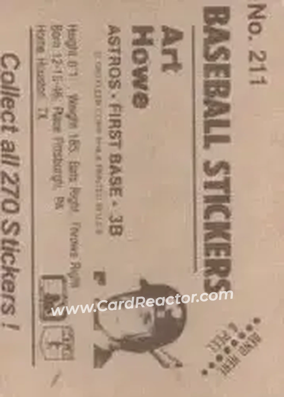 1983 Fleer Star Stickers #211 - Art Howe - Houston Astros - Back 1983 Fleer Star Stickers #211 - Art Howe - Houston Astros - Back