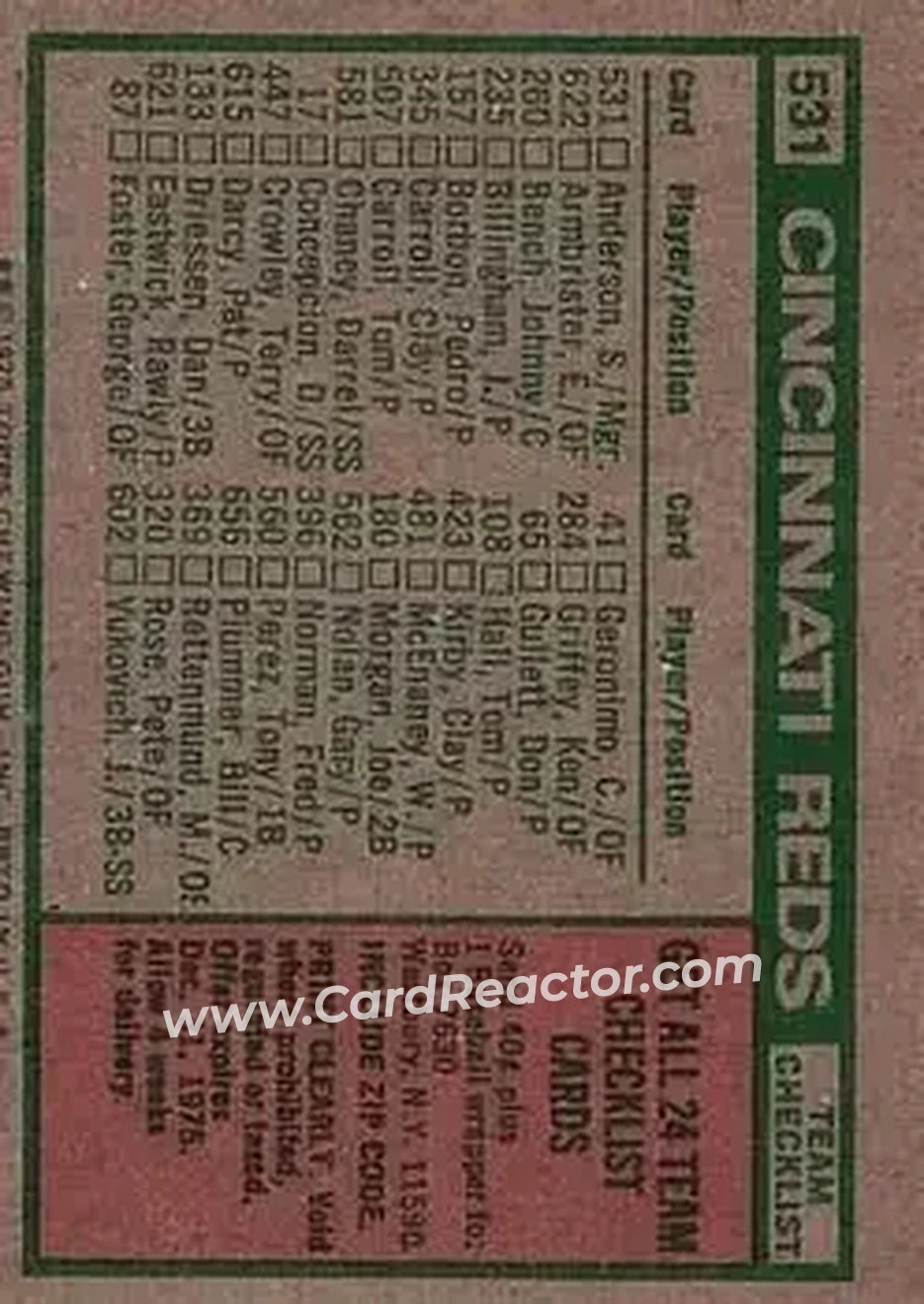 1975 Topps #531 - Card #531 - Cincinnati Reds - Back