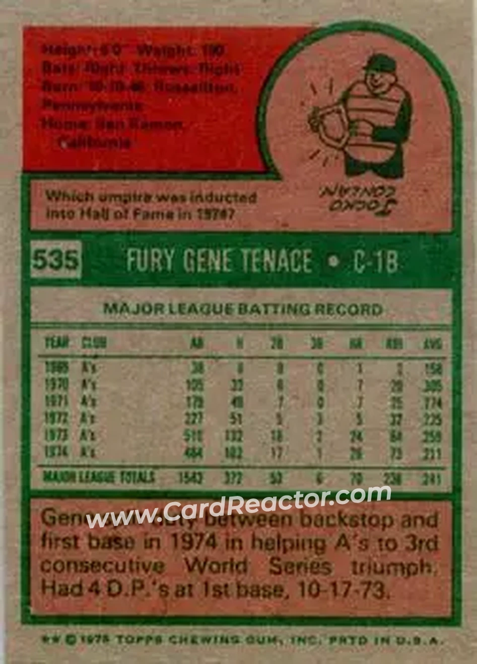1975 Topps #535 - Gene Tenace - Oakland Athletics - Back 1975 Topps #535 - Gene Tenace - Oakland Athletics - Back
