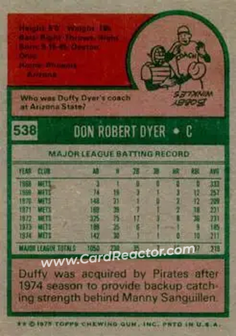 1975 Topps #538 - Duffy Dyer - Pittsburgh Pirates - Back