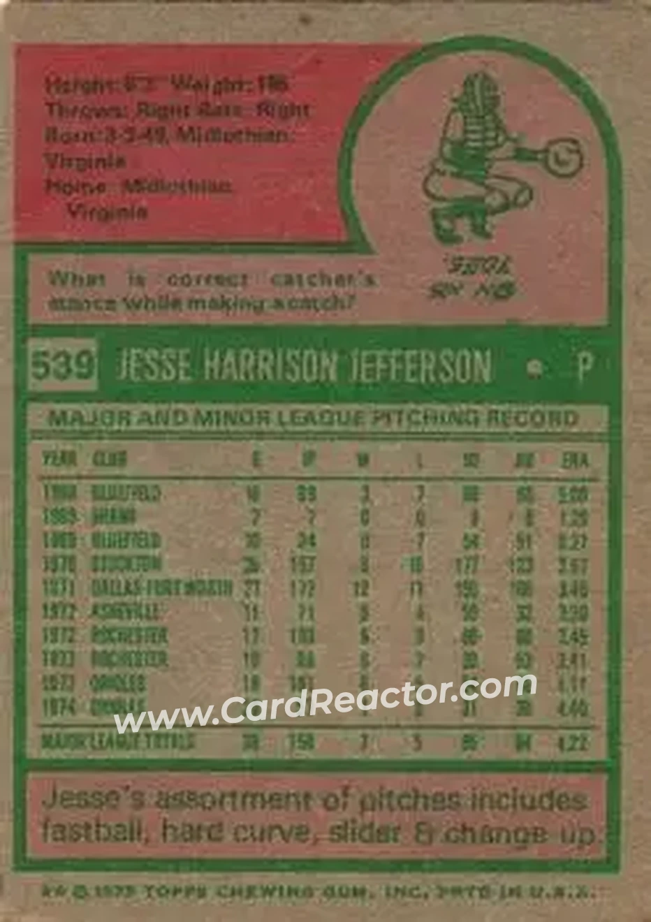 1975 Topps #539 - Jesse Jefferson - Baltimore Orioles - Back 1975 Topps #539 - Jesse Jefferson - Baltimore Orioles - Back