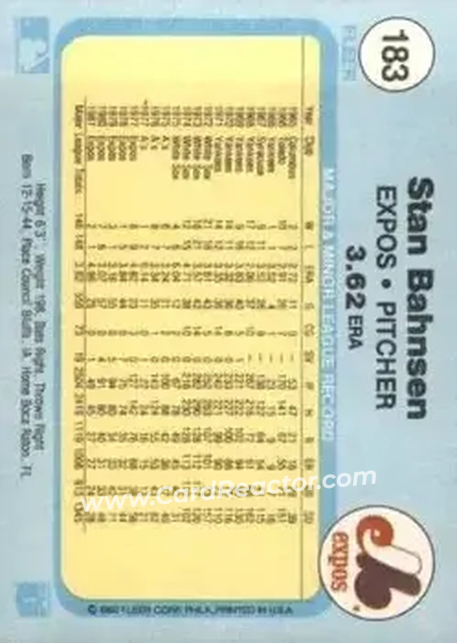 1982 Fleer #183 - Stan Bahnsen - Montreal Expos - Back 1982 Fleer #183 - Stan Bahnsen - Montreal Expos - Back