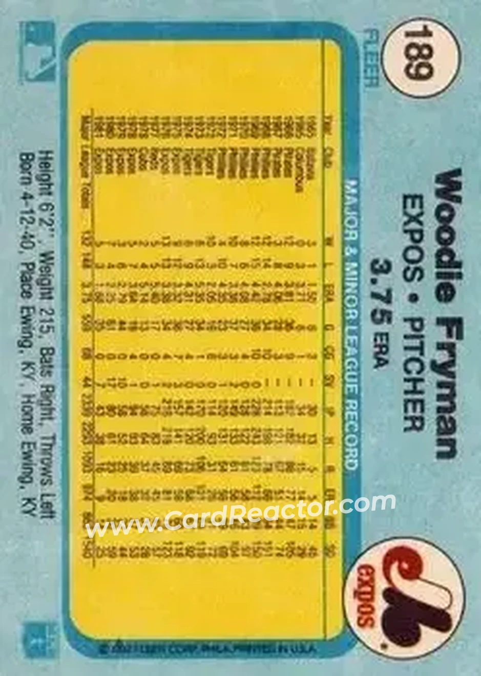 1982 Fleer #189 - Woody Fryman - Montreal Expos - Back 1982 Fleer #189 - Woody Fryman - Montreal Expos - Back