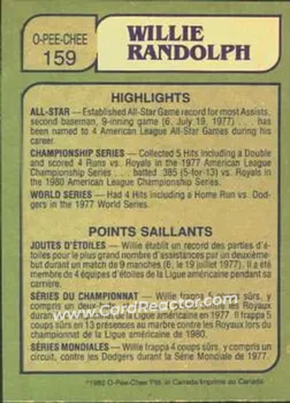1982 O-Pee-Chee #159 - Willie Randolph - New York Yankees - Back