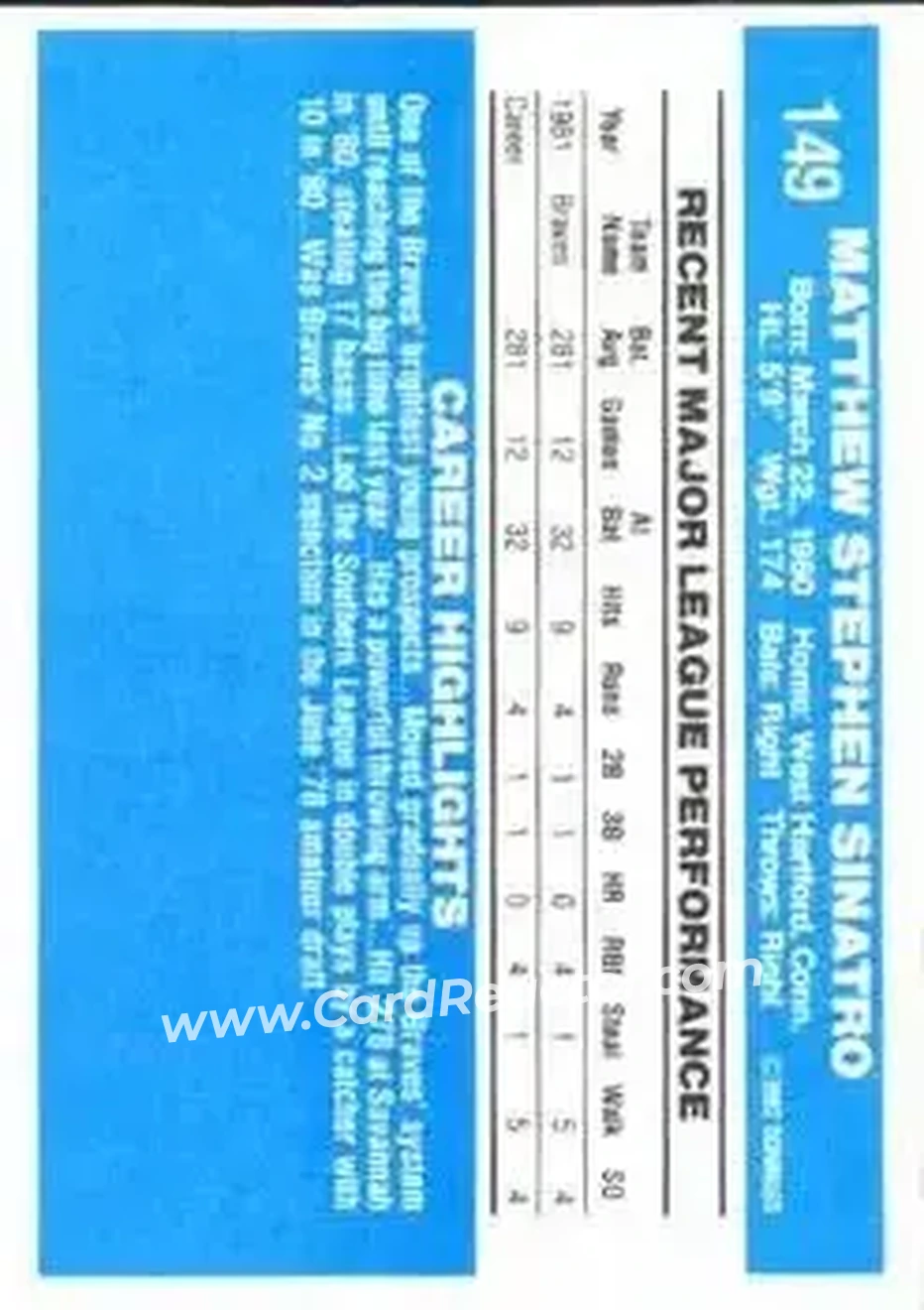1982 Donruss #149 - Matt Sinatro - Atlanta Braves - Back