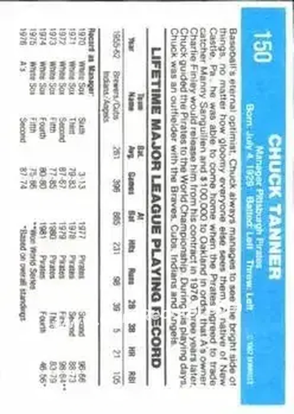 1982 Donruss #150 - Chuck Tanner - Pittsburgh Pirates - Back