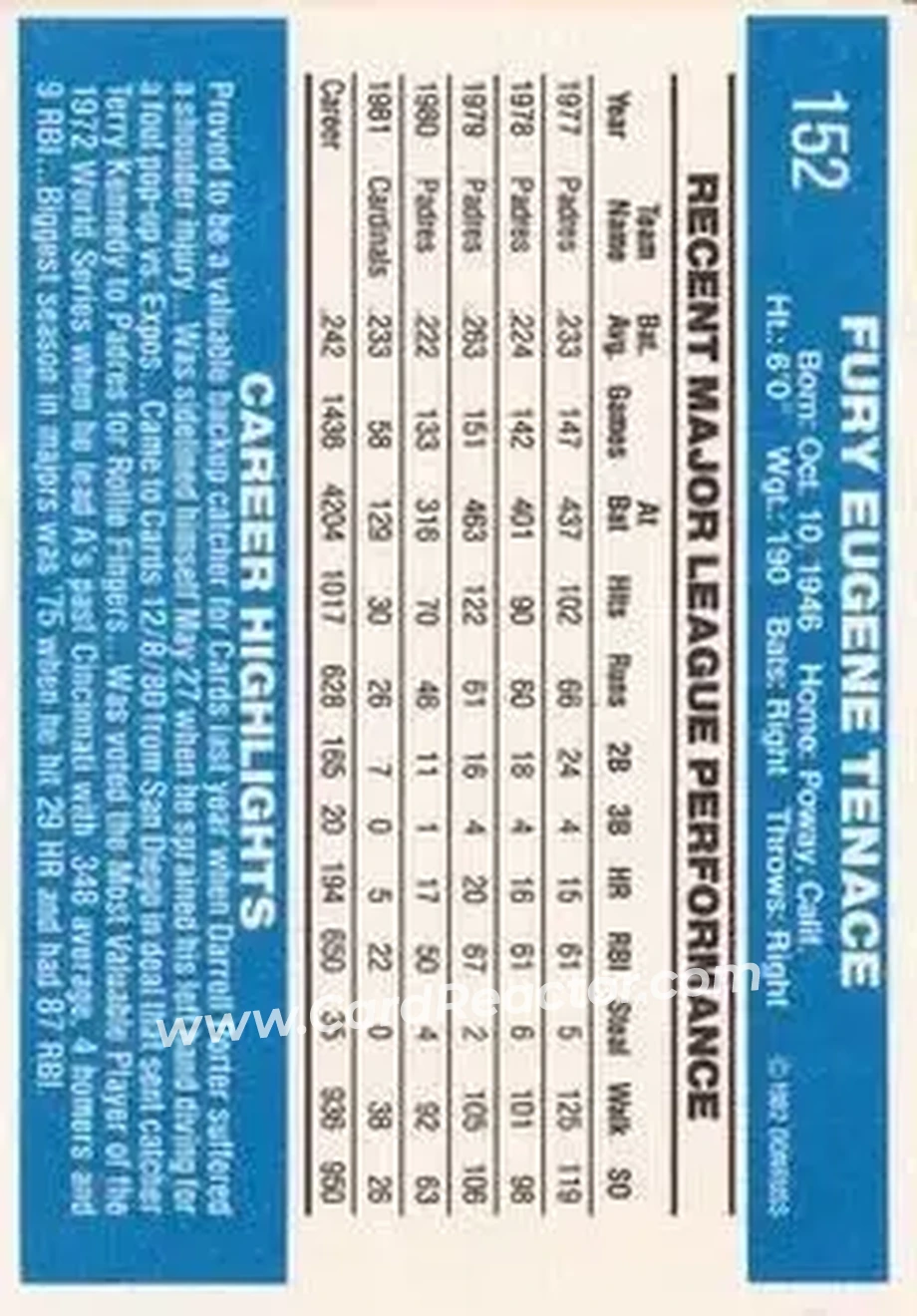 1982 Donruss #152 - Gene Tenace - St. Louis Cardinals - Back 1982 Donruss #152 - Gene Tenace - St. Louis Cardinals - Back