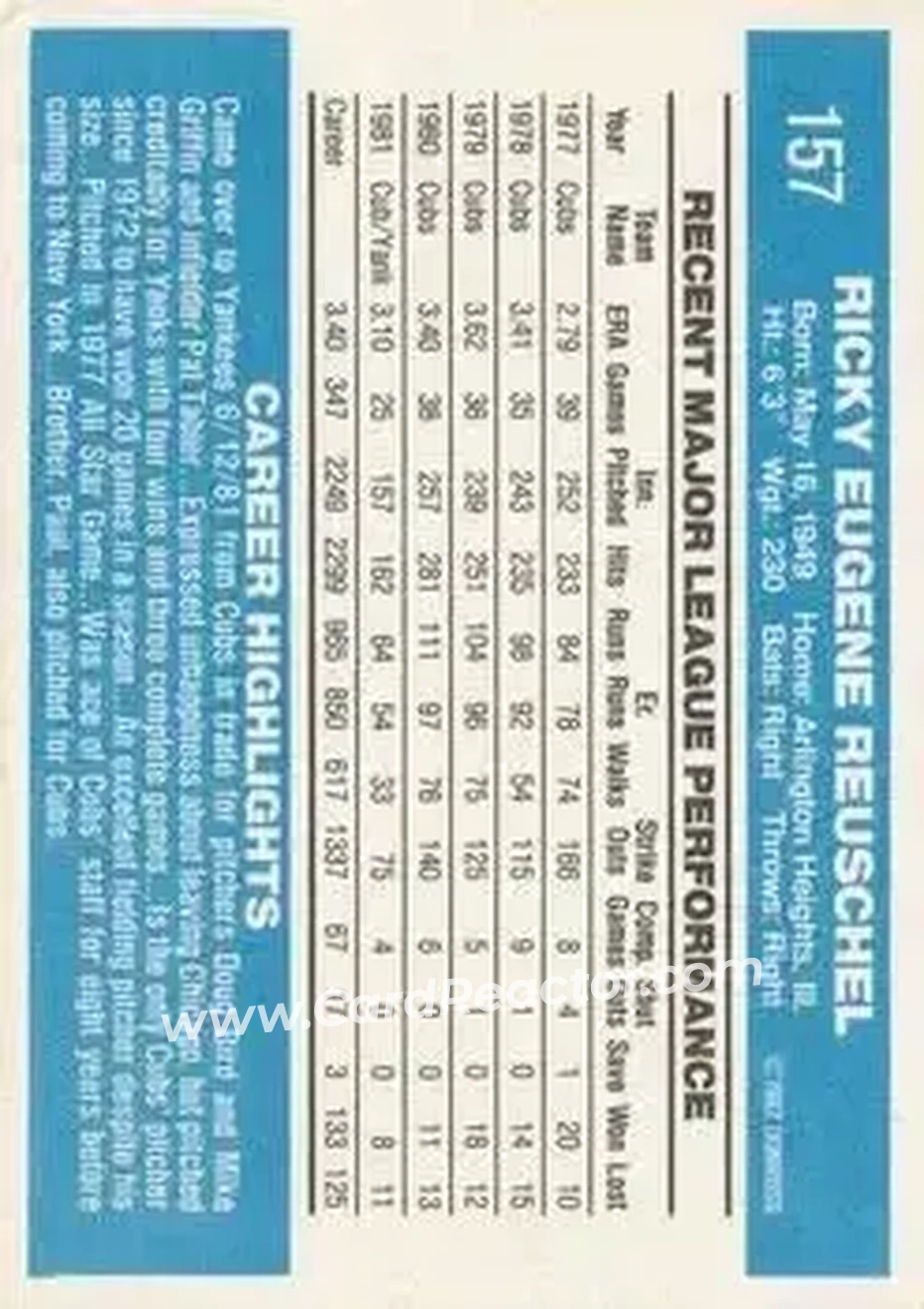 1982 Donruss #157 - Rick Reuschel - New York Yankees - Back