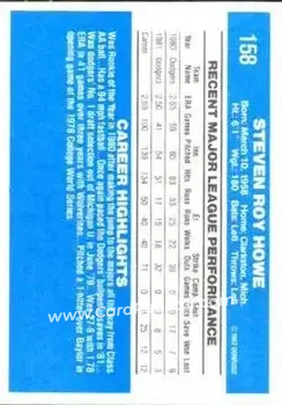 1982 Donruss #158 - Steve Howe - Los Angeles Dodgers - Back