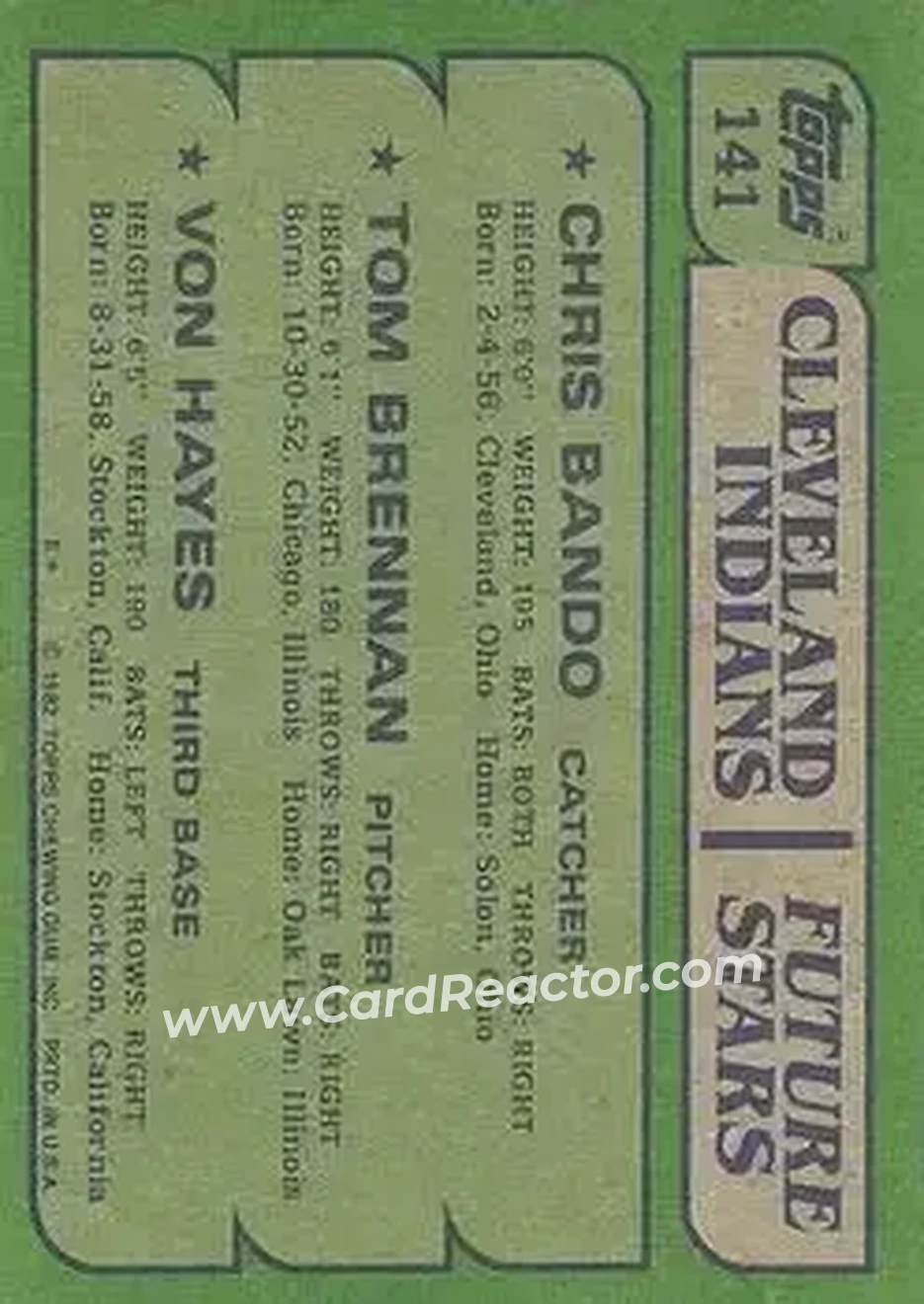 1982 Topps #141 - Card #141 - Cleveland Indians - Back