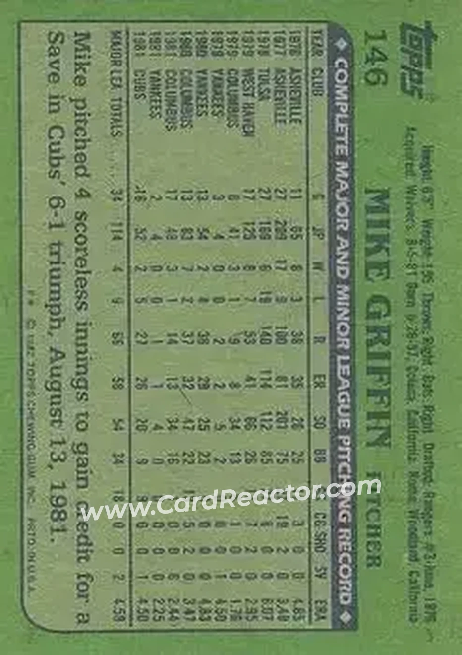 1982 Topps #146 - Mike Griffin - Chicago Cubs - Back 1982 Topps #146 - Mike Griffin - Chicago Cubs - Back