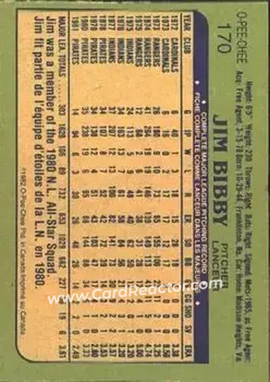 1982 O-Pee-Chee #170 - Jim Bibby - Pittsburgh Pirates - Back 1982 O-Pee-Chee #170 - Jim Bibby - Pittsburgh Pirates - Back