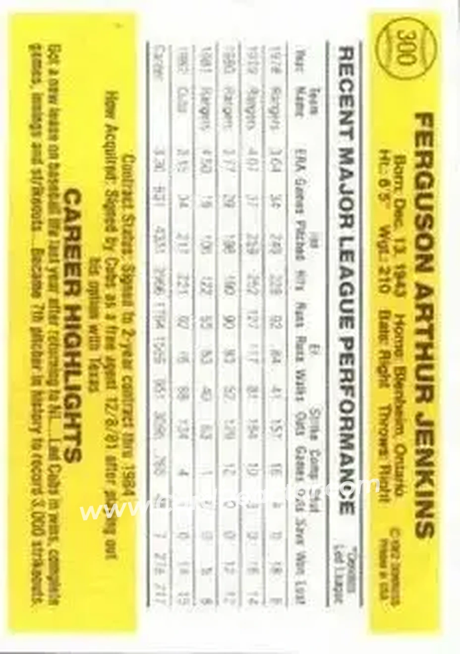 1983 Donruss #300 - Ferguson Jenkins - Chicago Cubs - Back 1983 Donruss #300 - Ferguson Jenkins - Chicago Cubs - Back